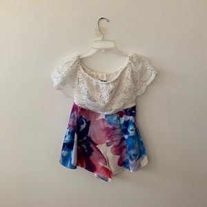 New Small Watercolor Floral & White Crochet Romper
